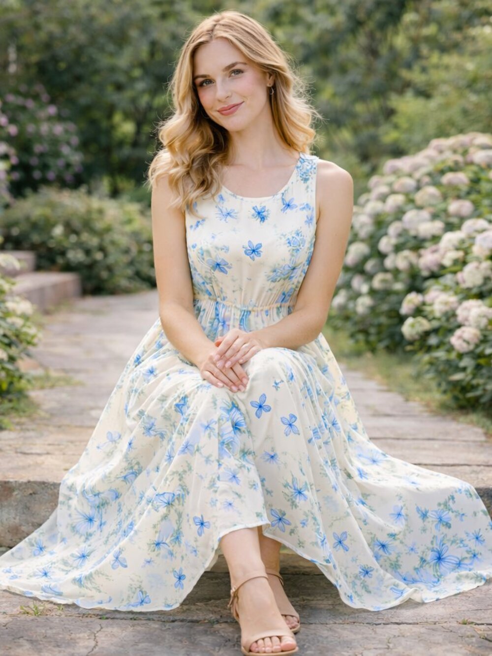 Floral Maxi Dress Sleeveless A Line Cottagecore Romantic Feminine Butterflies - Picture 3 of 5